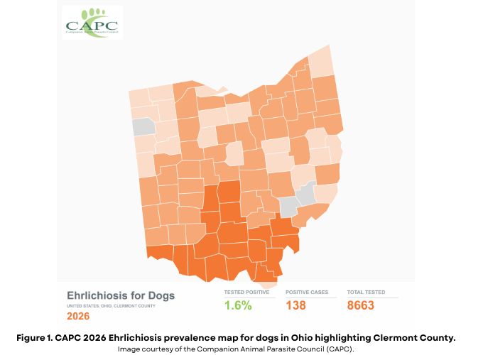 CAPC Map of Ehrlichia Cases in Dogs in Ohio